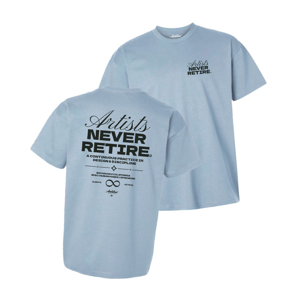 "ARTISTS NEVER RETIRE (Studio Script)" Stonewash Denim T-Shirt