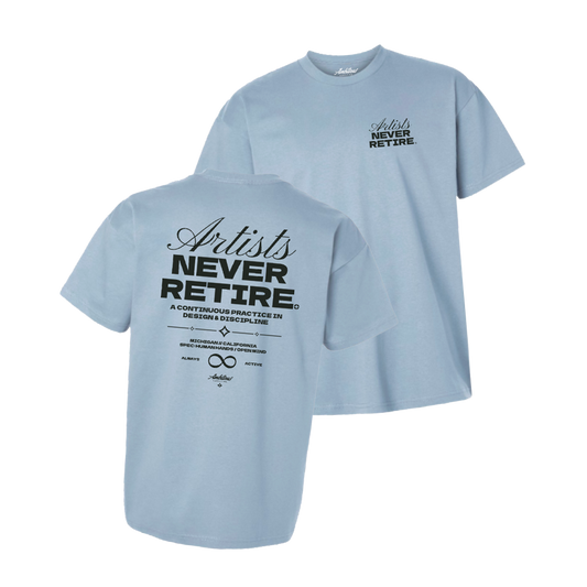 "ARTISTS NEVER RETIRE (Studio Script)" Stonewash Denim T-Shirt